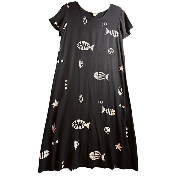 Vtg Connie Choi‎ 90’s Tropical TieBack Maxi Dress Fish Beach Retro Artsy Sz L - Picture 1 of 12